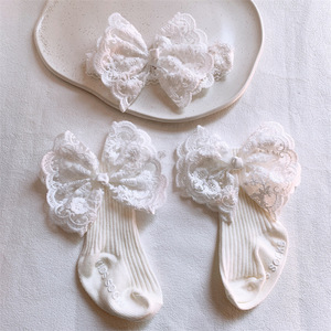 <b>Baby</b> Lace Bow <b>Headband</b> Socks Set Soft Ribbed Infant Girls Hairband Sock Outfit Cute Floral Organza Bow Newborn Daily Wear - Product Image 6