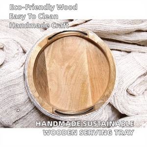 Bandeja Redonda de Madera Hecha a Mano, Sostenible y Moderna, con Asa de Hierro, Apta para Lavavajillas, Decorativa para Mesa de Comedor, Bandeja Otomana - Product Image 2