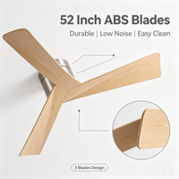 Ventilateur de plafond 52 pouces en ABS couleur grain de bois, le plus populaire en France, BLDC silencieux, pour plafonds bas, 3 pales, avec lumière, télécommande et application, pour extérieur