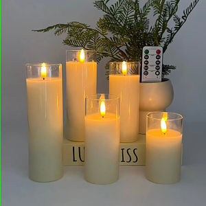 배터리로 작동되는 파라핀 기둥 양초, 리모컨이 있는 유리 LED 양초, 웨딩 양초, 가정 장식용 LED 라이트 양초 - Product Image 1