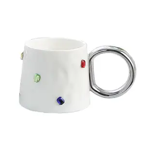 New Style Diamant Keramik Kaffeetasse Luxus Edelstein Cappuccino Tasse mit Löffel