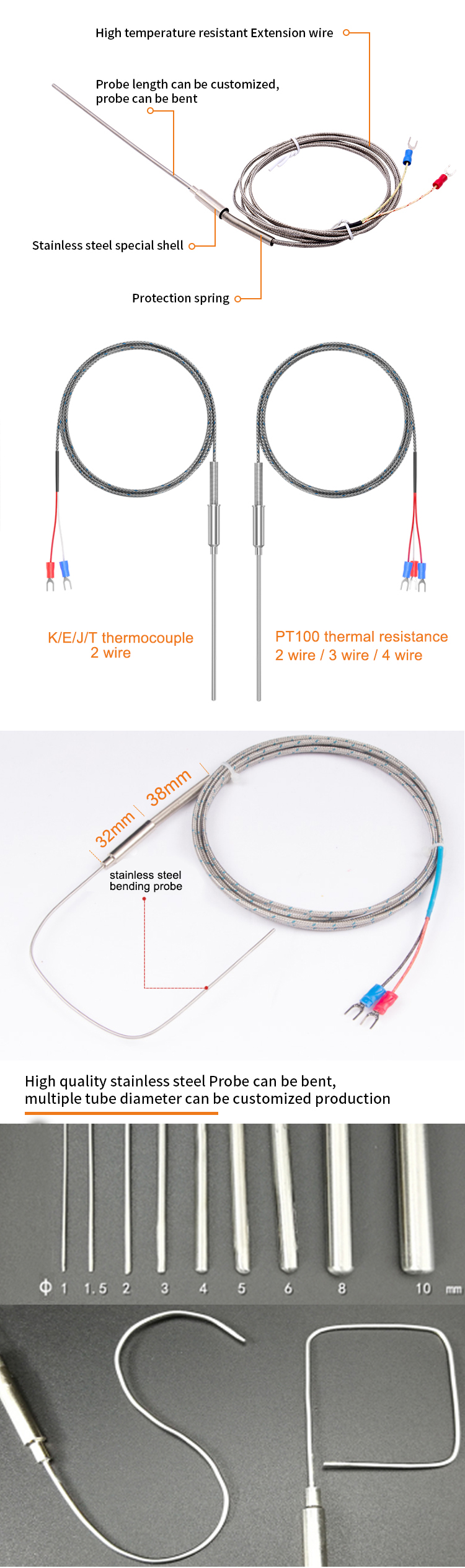 china supplier E J K type pt100 rtd high temperature thermocouple sensor