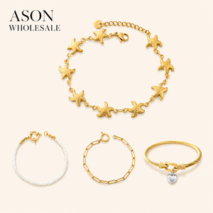 Bracelets en acier inoxydable plaqué or 18 carats pour femmes, avec breloque étoile de mer, chaîne trombone, perles et cœur, bijoux de mode en gros - Product Image 1