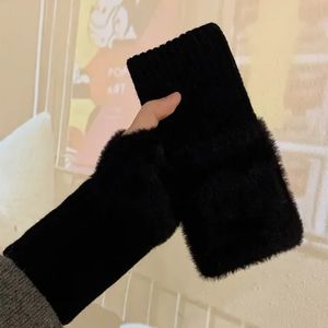 Women Warm Solid White Plush Knitted Fingerless <b>Glove</b> Wrist <b>Mittens</b> Fleece Soft Winter Half Finger <b>Gloves</b> - Product Image 4