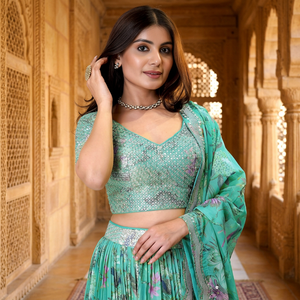Prayosha Export Elegant Multicolor Floral Print Lehenga with Organza <b>Material</b> Subtle <b>Sequin</b> Zari Embroidery for Evening Wear - Product Image 2
