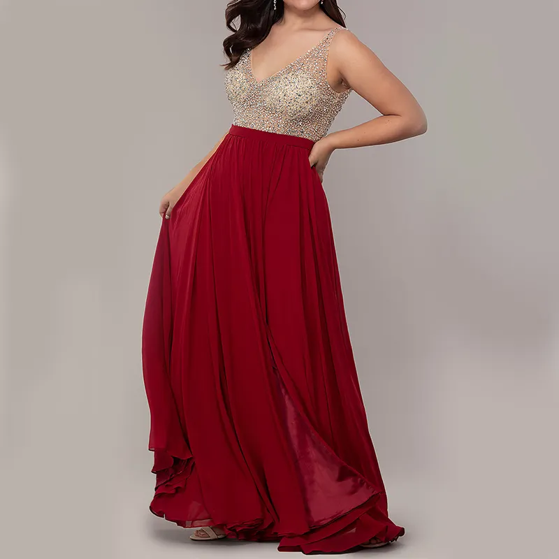 Bán Buôn Dài Beading Red V Cổ Shine Mở Lại Chia Dưới Công Chúa Evening Dresses Đối Với Phụ Nữ