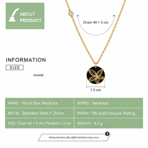 Collier à pendentif floral en acier inoxydable, zircon, plaqué or 14 carats sous vide, chaîne fine noire - Product Image 4