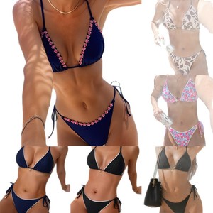 Women's <b>Bikini</b> <b>Set</b> 2-Piece Deep V Neck Lace-Up Halter Swimwear Spandex/Polyester Quick Dry for Beachwear - Product Image 1