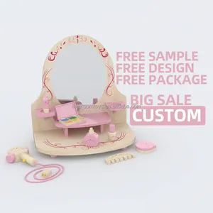 Wooden Makeup Toys For Girls Children's Pretend Play Kids Dressing Table With Mirror Cosmetic Toys Beauty Set Toy For Kids