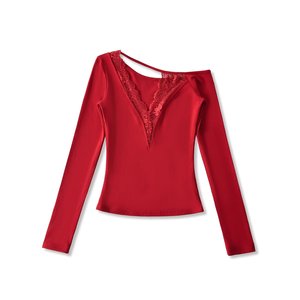 PB&amp;ZAdeep V Lace Sloping Shoulder Long Sleeved T-shirt for Women's Slim Fit and Slimming, <strong>Patchwork</strong> Bottom, Elastic High-end <strong>Top</strong> - Product Image 5