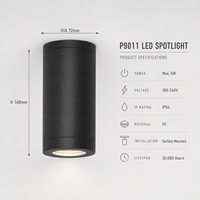Lampu Sorot Silinder Bulat P9011 5W, Terpasang di Permukaan, IP54, Rumah Lampu PC, Lampu Plafon Modern