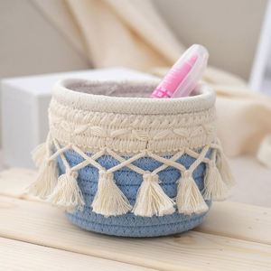 Modern Boho Woven Basket Small Cotton Rope <b>Storage</b> Bin <b>with</b> Macrame Fringe for <b>Dressing</b> <b>Table</b> Makeup Tools Home Decor - Product Image 3
