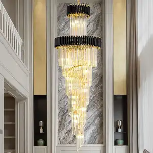 JYLIGHTING Lustre longo de cristal para interior de casas de luxo moderno, luz de metal cinza fumê de ouro LED suspensa