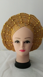 Nouveau turban africain Aso Oke avec perles et diamants pour femme adulte, idéal pour les fêtes, en tulle et dentelle française. Dentelle en filet - Product Image 3