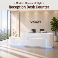 Bureau d'accueil moderne blanc brillant, structure démontable, bande LED bleue, double niveau, pente incurvée pour bureau d'entreprise, OEM personnalisé