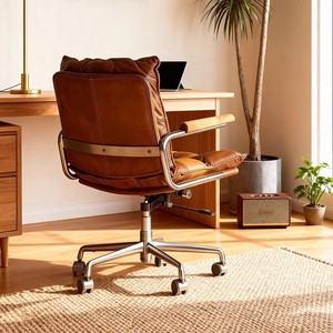 Chaise de bureau rétro en cuir véritable, réglable en hauteur, pivotante, pour bureau à domicile, salle d'étude - Product Image 3