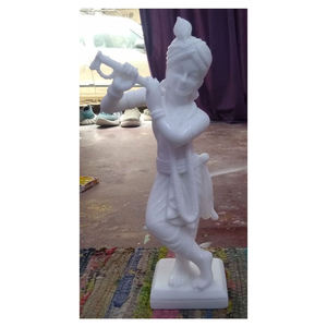 Statue Krishna en pierre blanche naturelle, fait à la main - Product Image 1
