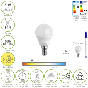 หลอดไฟ LED ทรงกลมแบบขันเกลียว E14 5 วัตต์ เทียบเท่ากับ 55 วัตต์ 806 ลูเมนส์ แสงวอร์มไวท์แบบปรับความสว่างได้ (3000K) - Product Image 1