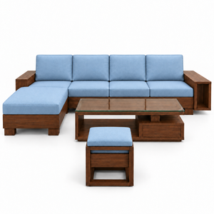 Conjunto de Sofá Modular Moderno en Forma de L con Mesa de Centro y Otomana con Almacenamiento, Muebles de Sala de Estar con Estructura de Madera y Cojines Azules - Product Image 1