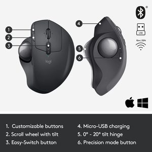 <span class=keywords><strong>Souris</strong></span> sans fil <span class=keywords><strong>Logitech</strong></span> MX Ergo <span class=keywords><strong>Trackball</strong></span> <span class=keywords><strong>Souris</strong></span> sans fil de conception ergonomique réglable - Product Image 6