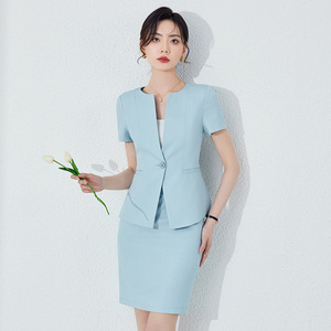 Women's Short Sleeve Suit <b>Set</b> Summer <b>Office</b> Lady Work Attire Anti-Wrinkle Worsted Fabric Collarless Short Skirt - Product Image 2