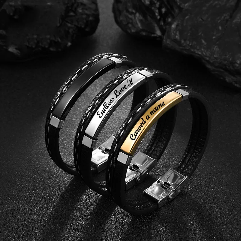 Personalized Custom PU Leather Woven Men's Engraved Bracelet Simple Three Color Stainless Steel Curved Brand Hip-hop Bracelets