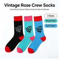 Chaussettes en coton jacquard vintage unisexes à motif rose, chaussettes décontractées rétro à blocs de couleur, logo personnalisé OEM