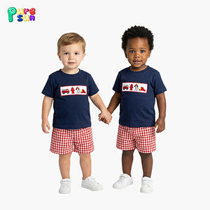 Puresun Korte Mouw Kinderkleding Set Borduurwerk Kinderkleding Geruite Print Op Maat 100% Katoen Jongenskleding Sets - Product Image 1