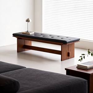 Banc en bois massif Zhongxin avec assise en cuir noir, 120 cm de long, banc de rangement pour chambre et entrée, design durable - Product Image 4