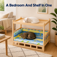 Lit pour animaux à deux niveaux en bois de pin naturel avec coussin rayé, plateau de rangement supérieur et cadre surélevé – Mobilier portable d'été pour animaux