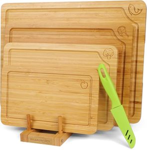 Ensemble de 4 planches à découper en bambou avec support, planche à découper de cuisine avec rainure pour <span class=keywords><strong>le</strong></span> jus, plateau de service pour viande, <span class=keywords><strong>l</strong></span>égumes, fruits - Product Image 1