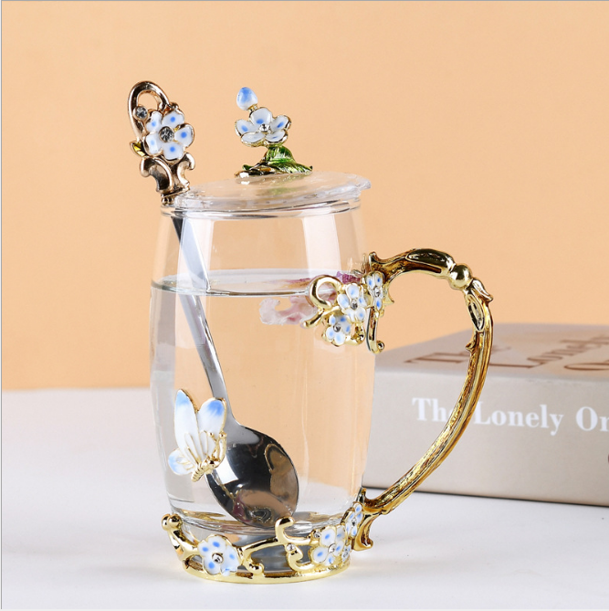 Heat Resistant Embossed Luxury Enamel Crystal Flower Brew Peach Blossom Metal Handle Violet Glass Tea Romantic Iris Cup For Lady