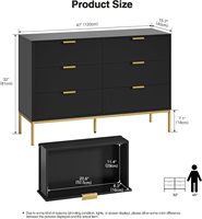 Commode de chambre à coucher moderne à 6 tiroirs avec poignées dorées Organisateurs de placard de rangement en bois noir pour vêtements Utilisation générale de meubles de maison