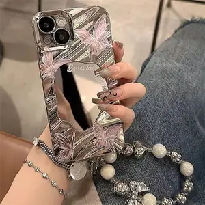 Ins Popular With Chain Shining Butterfly Makeup Mirror Electroplated Lady Back Cover Shell For Iphone14 15 13 Promax Phone Case