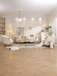 Canapé en cuir capitonné de luxe léger de style américain et français haut de gamme, avec cadre en bois massif sculpté doré et capitonnage à boutons, pour salon - Product Image 2