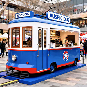 Camion de restauration rétro bleu en forme de tramway avec rails simulés pour la vente de snacks - Product Image 3
