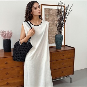 Elegante abito con collo a U in misto lino per le donne solido senza maniche Casual <span class=keywords><strong>moda</strong></span> stampa digitale on-line fornitore all'ingrosso - Product Image 2