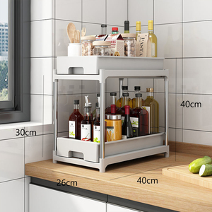 Étagère à épices coulissante à 2 niveaux avec <span class=keywords><strong>tiroir</strong></span>, rangement <span class=keywords><strong>sous</strong></span> l'<span class=keywords><strong>évier</strong></span> et sur le comptoir pour les épices, les bouteilles et les articles de garde-manger - Product Image 6