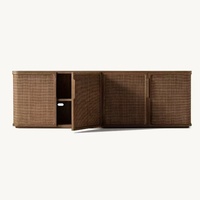 Meuble TV de luxe français au design moderne du milieu du siècle, fait main, à 4 portes, avec panneaux en rotin tressé, pour hôtel et salon