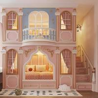 Cama litera doble estilo princesa JS Villa, de madera maciza, con arco europeo, escaleras con almacenamiento y tallado dorado, para dormitorio de niña.