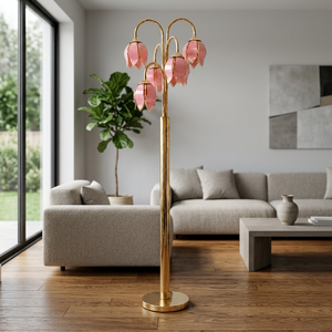 Lampe sur pied décorative élégante à motif floral, 4 fleurs de lotus, poteau ondulé doré, lampe LED d'intérieur - Product Image 6