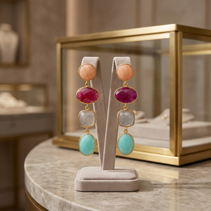 Colorful Stone <b>Stud</b> <b>Earrings</b> 14k & 24k Gold Plated Brass Jewelry with Multistone Gemstones Ethnic Unisex Anniversary - Product Image 2