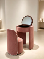 Bureau de maquillage moderne incurvé, table de toilette avec miroir rond rabattable et chaise assortie, meubles de chambre à coucher en velours doux