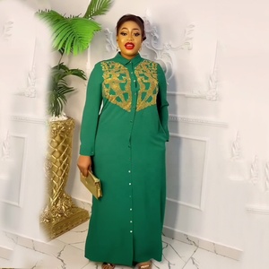 Nouveau design lin vêtements africains <span class=keywords><strong>Kanga</strong></span> robes longues pour femmes Dubai col de chemise strass - Product Image 3