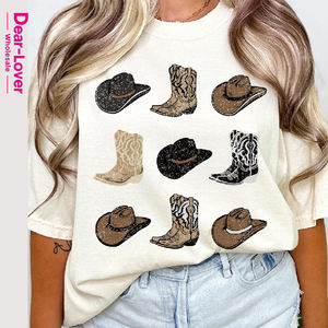 Dear-Lover Vente en gros Boutique T-<span class=keywords><strong>shirt</strong></span> graphique imprimé à manches courtes, style décontracté <span class=keywords><strong>chic</strong></span>, motif bottes de cow-girl, chemise western pour femme - Product Image 1