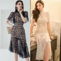 2022 여름 새로운 스팟 한국어 버전 기질 긴 슬림 칼라 레이스 fishtail 도매 레이디 여성 드레스 패션 드레스