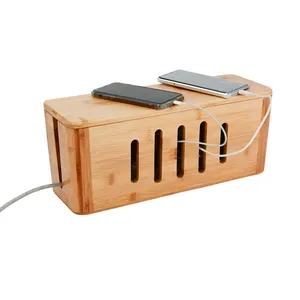 Caja de gestión de cables de madera de bambú, organizador de tiras de alimentación