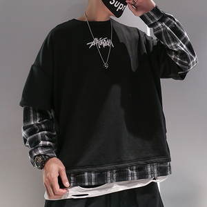 새로운 스타일 남자의 특대 운동복 100% 면 가을 컬렉션 거짓 두 조각 세트 자수 대비 체크 소매 밑단 - Product Image 3