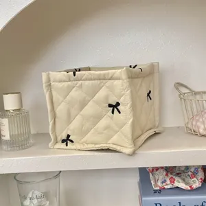 Quilted Plaid Bow Women's Sundries <b>Storage</b> Cases <b>Small</b> Cosmetic Bags Ladies Large Capacity Cotton <b>Box</b> Pouch Female Handbags - Product Image 4