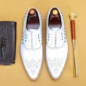 White Genuine Leather Men's Oxfords Pointed Toe Lace-up Breathable Office <b>Dress</b> Shoes All Seasons <b>Rubber</b> Outsole - Product Image 4